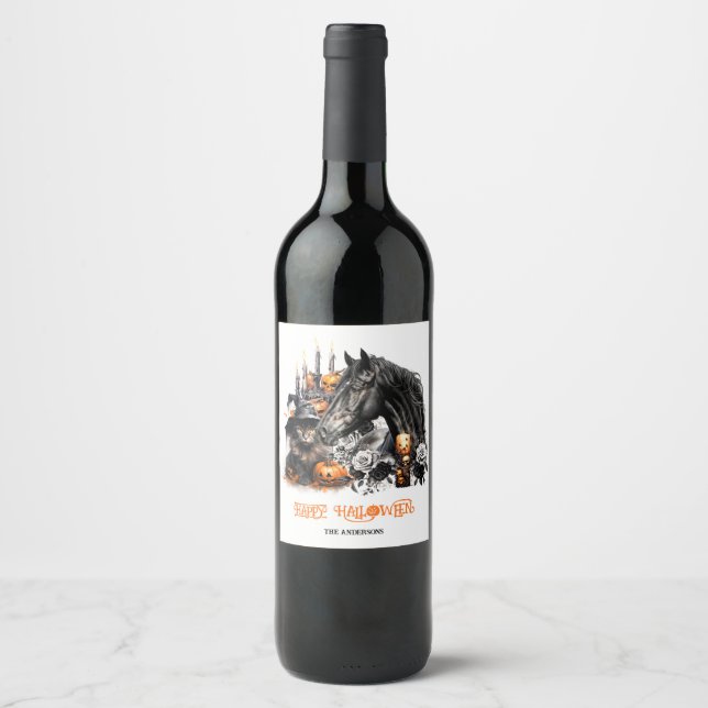 Halloween black Horse black Cat spooky Wine Label (Front)