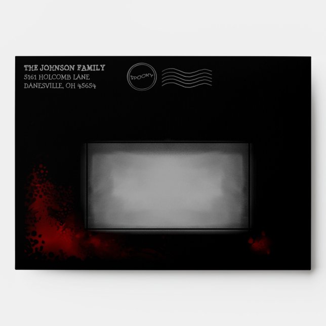 Halloween Black Invite Envelope Red blood Splatter (Front)