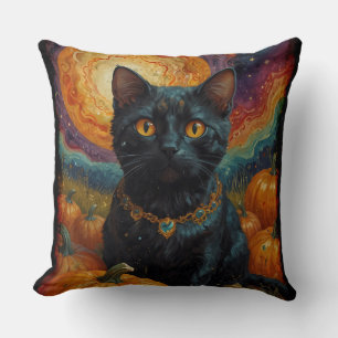 Halloween Black Kitten and Pumpkin  Cushion