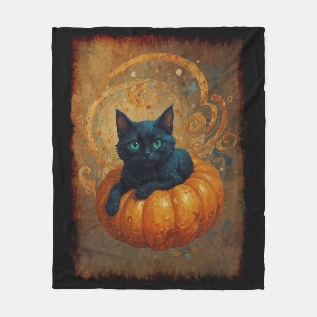 Halloween Black Kitten and Pumpkin  Fleece Blanket (Front)