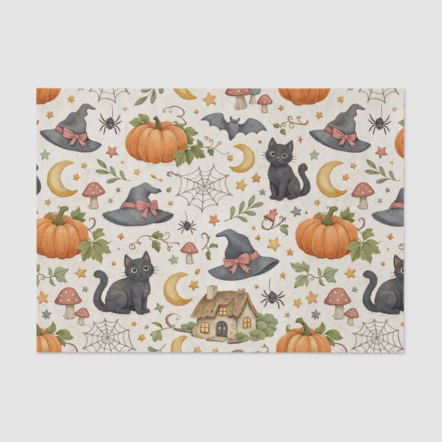 Halloween Black Kitten Cottage  Tissue Paper (Front)