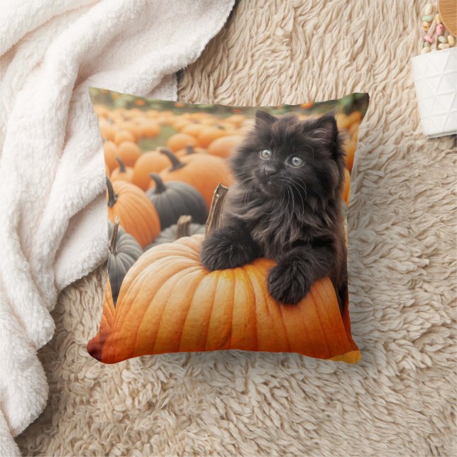Halloween Black Kitten On a Pumpkin Cushion (Blanket)