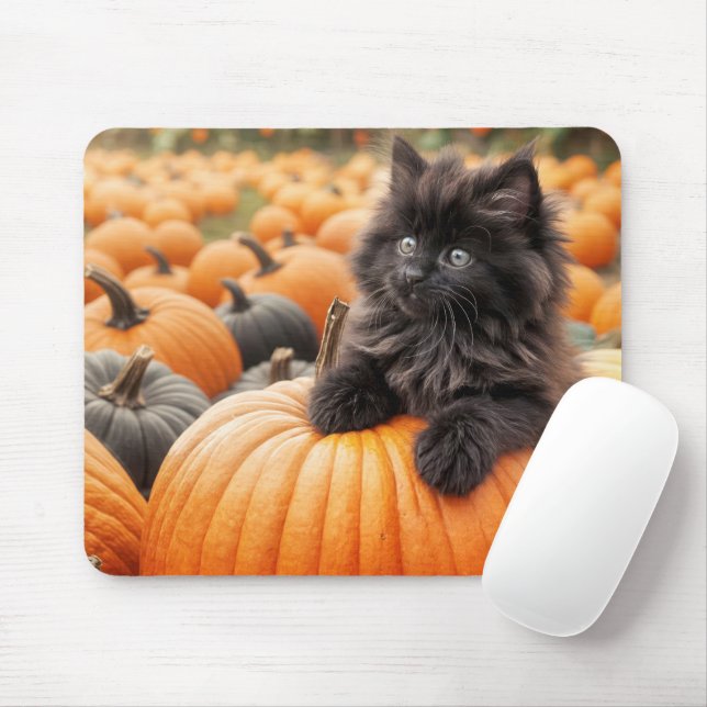 Halloween Black Kitten On a Pumpkin Mouse Mat (With Mouse)