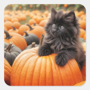 Halloween Black Kitten On a Pumpkin Square Sticker