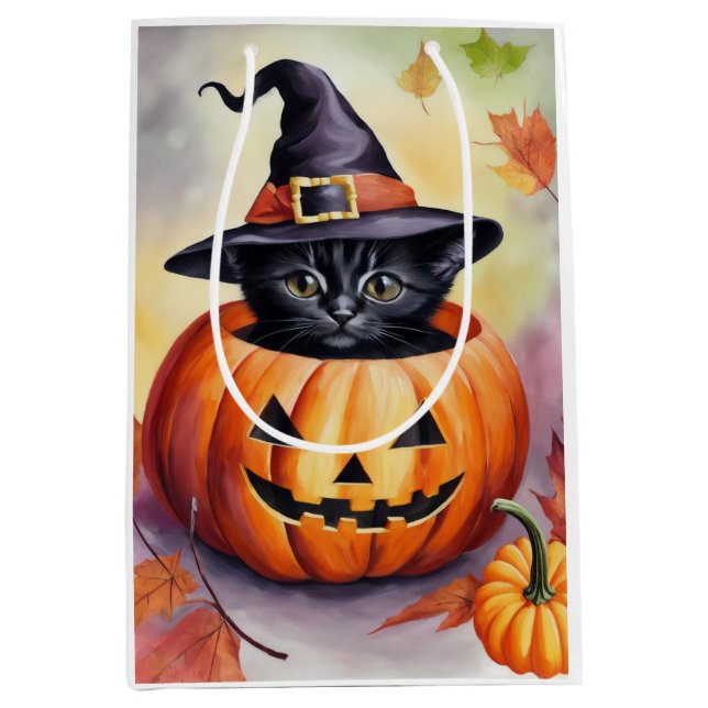 Halloween Black Kitten Witch Hat Pumpkin Gift Bag (Front)