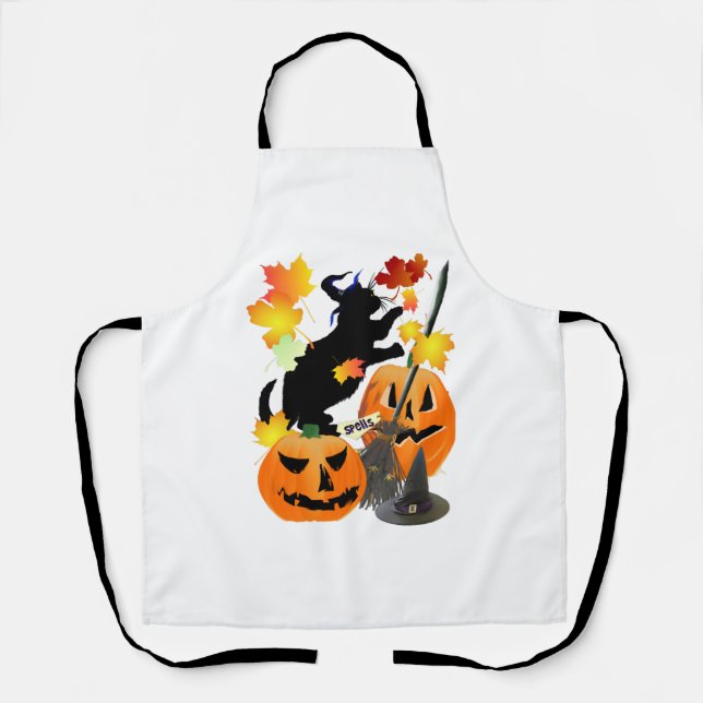 Halloween Black Kitty Batting Pretty Leaves Apron (Front)