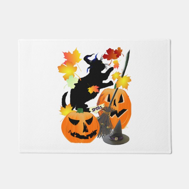 Halloween Black Kitty Batting Pretty Leaves Doormat (Front)