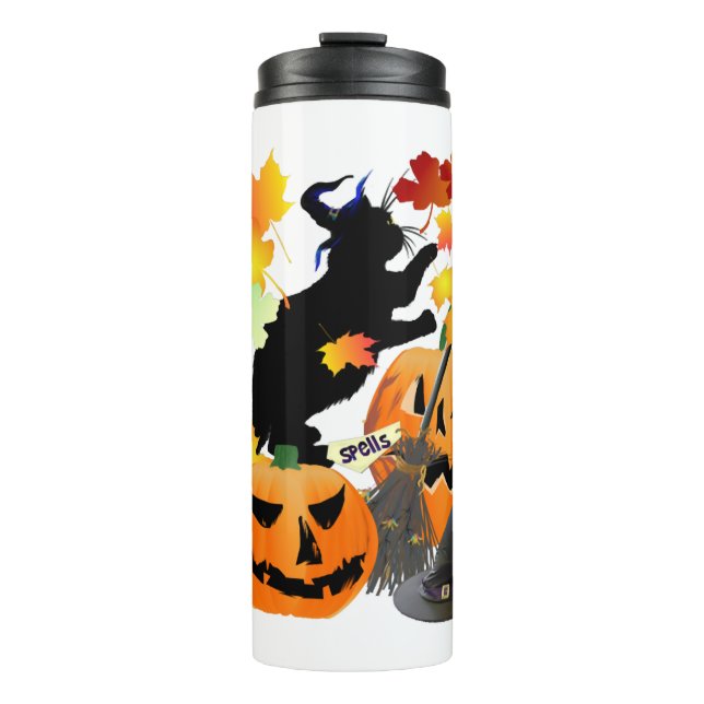 Halloween Black Kitty Batting Pretty Leaves Thermal Tumbler (Front)