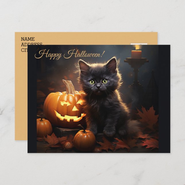 Halloween Black Kitty Cat, Jack o Lantern Pumpkins Postcard (Front/Back)
