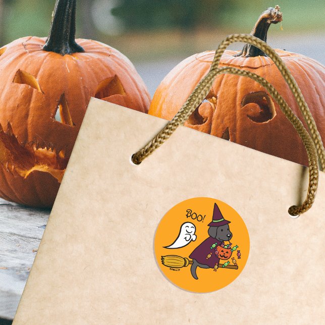 Halloween Black Labrador and Broom Classic Round Sticker (Halloween Black Labrador and Broom Stickers for Labrador Owners.  Cute Cartoon Design.)