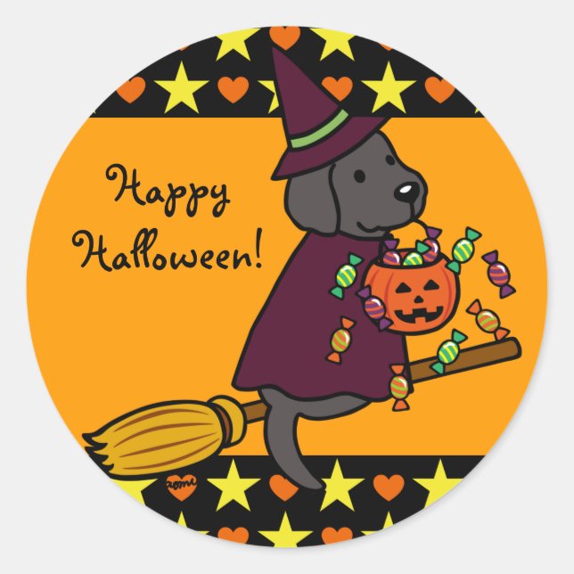 Halloween Black Labrador and Broom Stars Classic Round Sticker (Front)