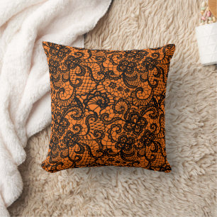 Halloween Black Lace On Orange Cushion