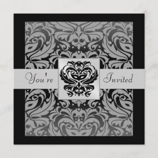 Halloween Black Mask Damask Grey Ribbon Invitation