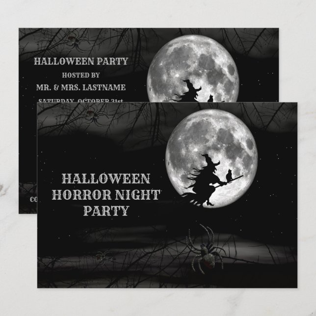 Halloween Black Night Flying Witch Full Moon Scary Invitation (Front/Back)