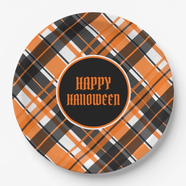 Halloween Black Orange and White Plaid Paper Plate (Front)