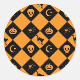 Halloween Black Orange Diamond Pattern Classic Round Sticker