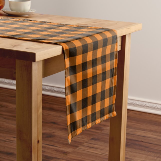 Halloween Black Orange Gingham Check Pattern Short Table Runner (In Situ)