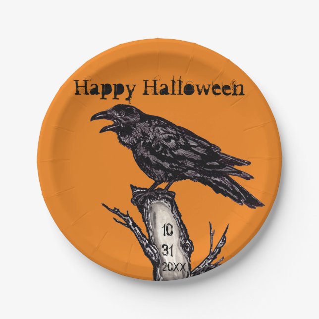 Halloween Black Orange Gothic Raven Crow Date Paper Plate (Front)