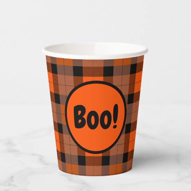 Halloween Black Orange Plaid Boo! Paper Cups (Left)