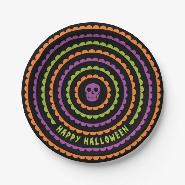 Halloween Black Orange Purple and Green Scallop Paper Plate (Front)