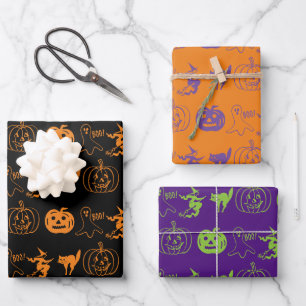 Halloween black orange purple green spooky wrapping paper sheet