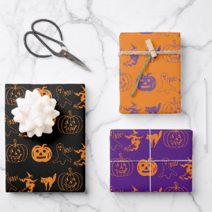 Halloween black orange purple spooky pattern  wrapping paper sheet
