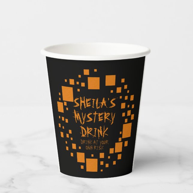 Halloween Black Orange Squares Name Spooky Drink Paper Cups (Front)