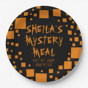 Halloween Black Orange Squares Name Spooky Food Paper Plate