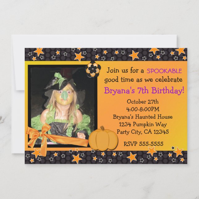 Halloween black orange stars photo invitation (Front)