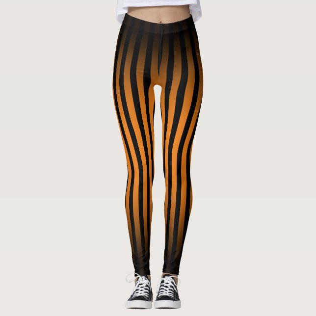 Halloween Black orange vertical stripes ombre Leggings (Front)