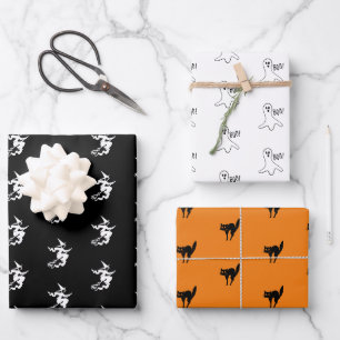 Halloween black orange white black cat witch ghost wrapping paper sheet