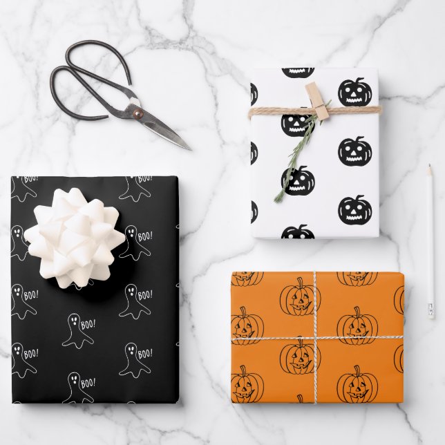 Halloween black orange white ghost jack o lantern wrapping paper sheet (Front)