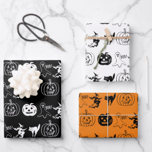 Halloween black orange white spooky pattern wrapping paper sheet