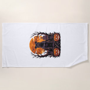 Halloween Black Pitbull Throne Pumpkins Full Moon_ Beach Towel