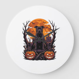 Halloween Black Pitbull Throne Pumpkins Full Moon_ Large Clock