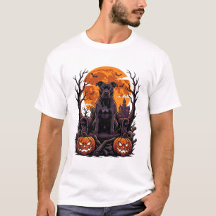 Halloween Black Pitbull Throne Pumpkins Full Moon_ T-Shirt