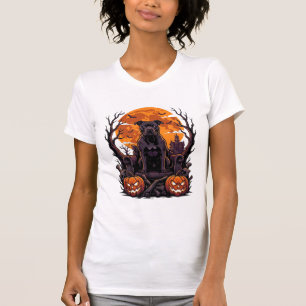 Halloween Black Pitbull Throne Pumpkins Full Moon_ T-Shirt
