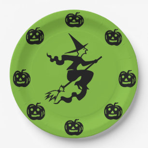 Halloween - Black Pumpkins & Witch Paper Plate