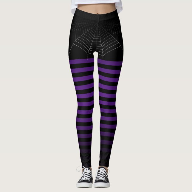 Halloween Black Purple spider web stripes ombre Leggings (Front)