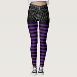 Halloween Black Purple White spider web stripes Leggings