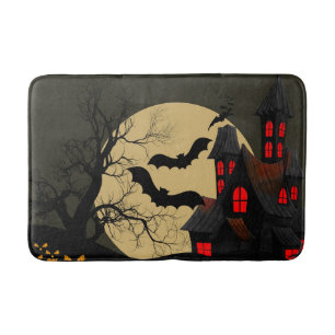 Halloween Black Red Haunted House Bat Full Moon Bath Mat