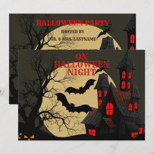 Halloween Black Red Haunted House Bat Full Moon Invitation