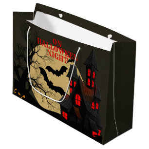 Halloween Black Red Haunted House Bat Full Moon Large Gift Bag