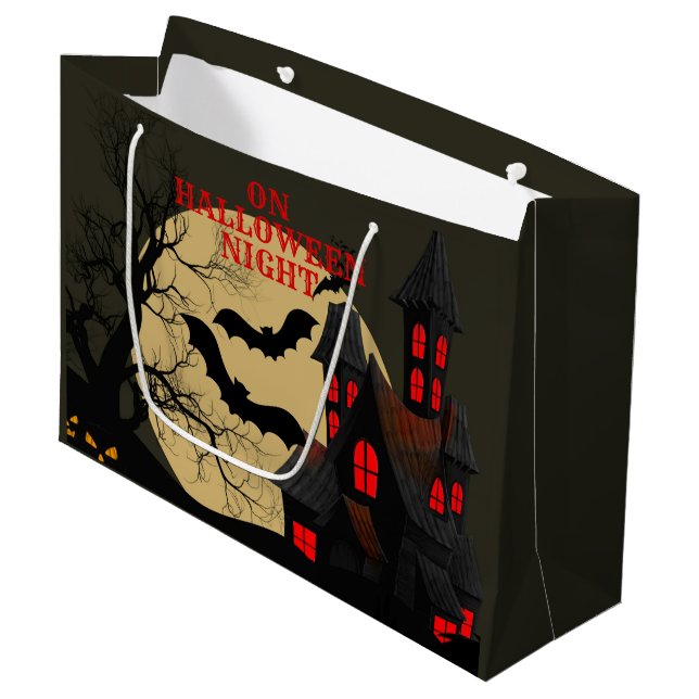 Halloween Black Red Haunted House Bat Full Moon Large Gift Bag (Front Angled)