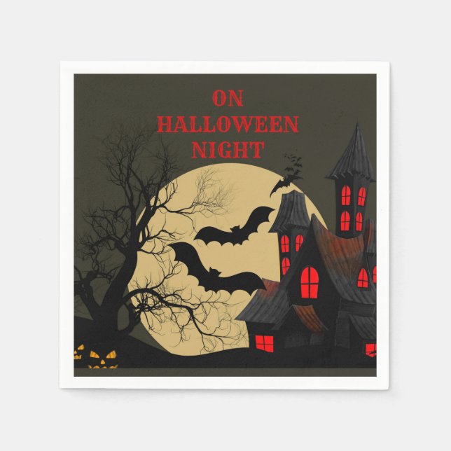 Halloween Black Red Haunted House Bat Full Moon Napkin (Front)