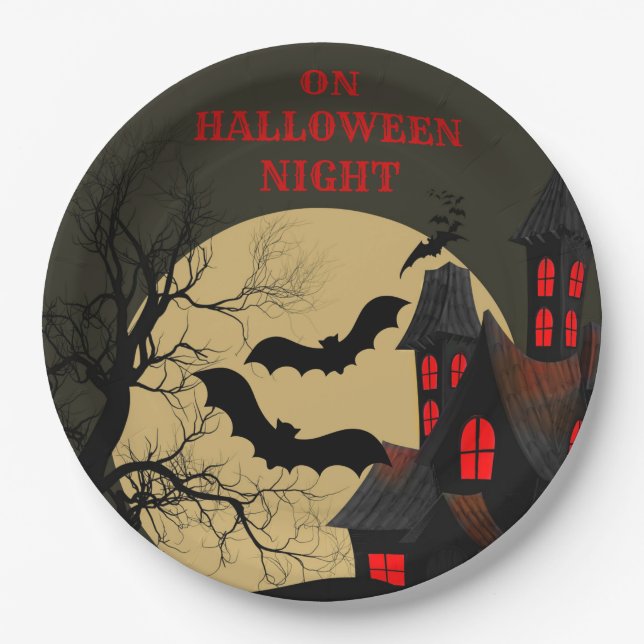 Halloween Black Red Haunted House Bat Full Moon Paper Plate (Front)