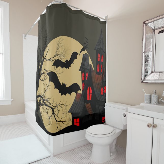 Halloween Black Red Haunted House Bat Full Moon Shower Curtain (In Situ)