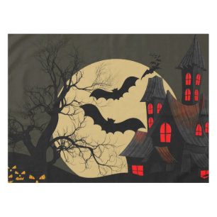 Halloween Black Red Haunted House Bat Full Moon Tablecloth