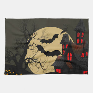 Halloween Black Red Haunted House Bat Full Moon Tea Towel