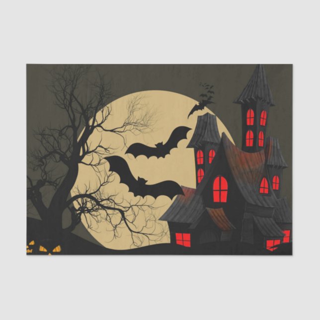 Halloween Black Red Haunted House Bat Full Moon Tissue Paper (Front)